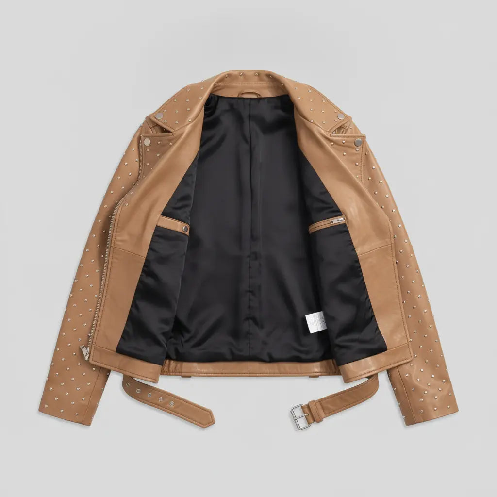 Women's Tan Studded Asymmetrical Leather Biker Jacket — Abberwell