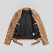Women's Tan Studded Asymmetrical Leather Biker Jacket — Abberwell