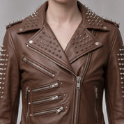 Women's Brown Studded Leather Biker Jacket — Fritton