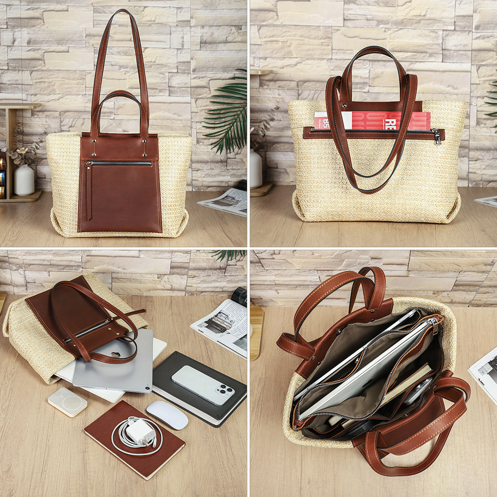 Women's Brown Leather Accent Cream Woven Tote Bag
