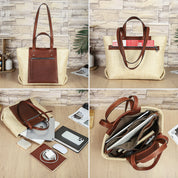 Women's Brown Leather Accent Cream Woven Tote Bag