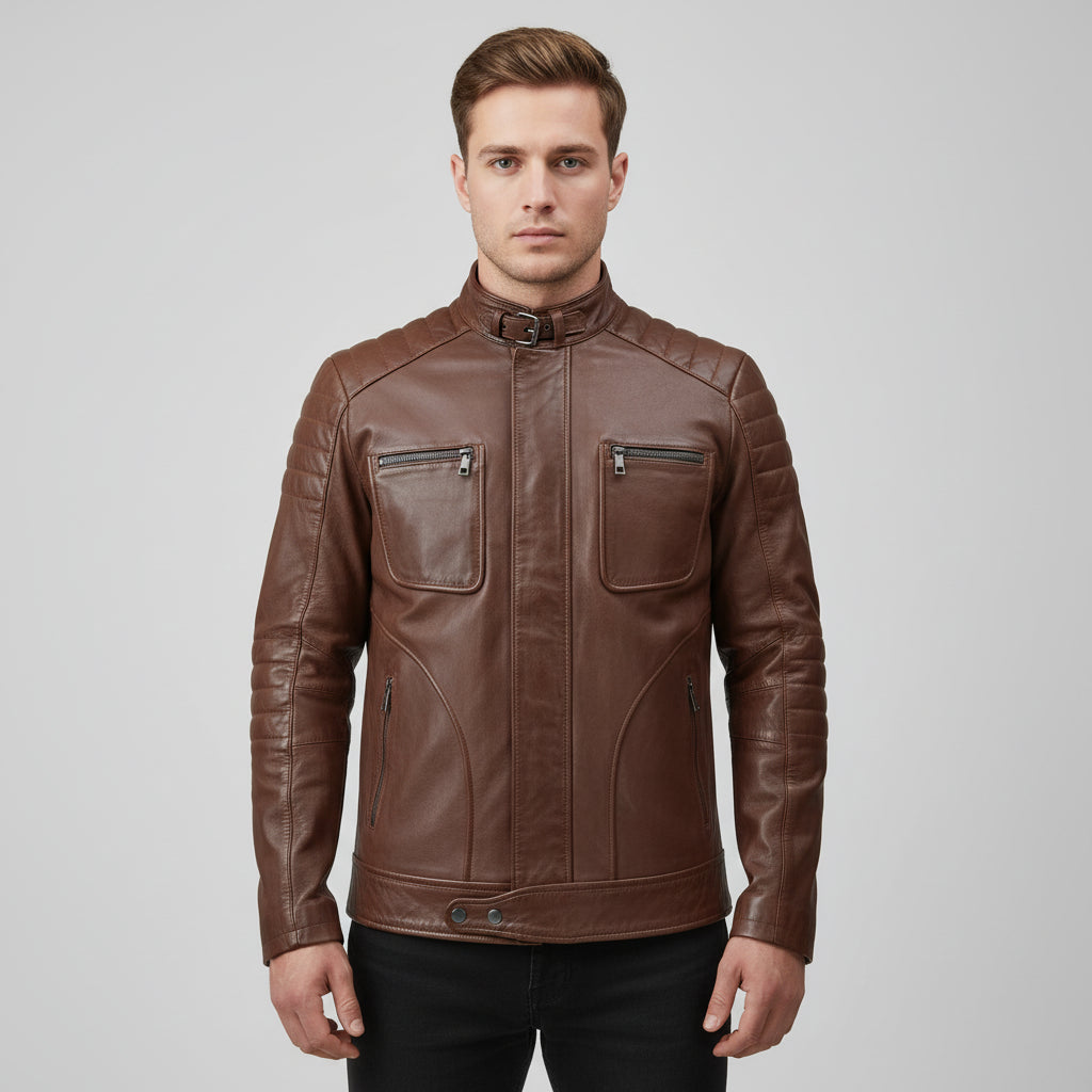 Handmade Men Antique Brown Leather Bomber Jacket, Men Biker Leather Jacket