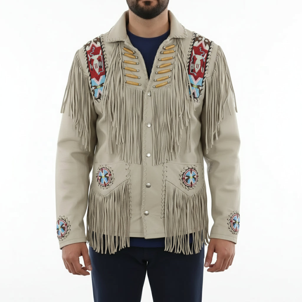 Men's Beige Beaded Fringe Western Cow Suede Leather Jacket