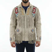 Men's Beige Beaded Fringe Western Cow Suede Leather Jacket