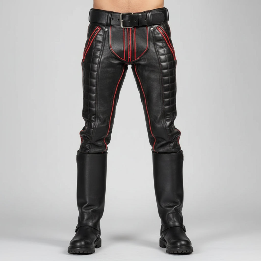 Handmade Men's Black Leather Fashion Pants with Red Stripes