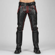Handmade Men's Black Leather Fashion Pants with Red Stripes