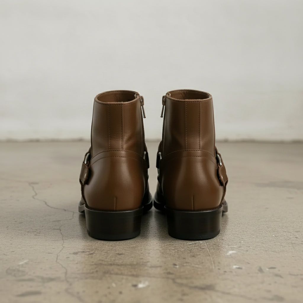 Men's Brown Plain-Toe Leather Ankle Biker Boots