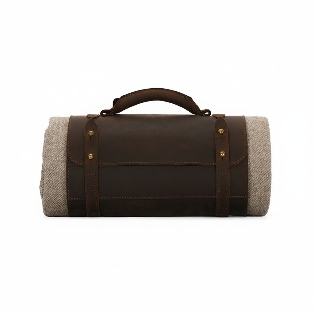 Dark Brown Full-Grain Leather Rolled Blanket Carrier with Brass Hardware
