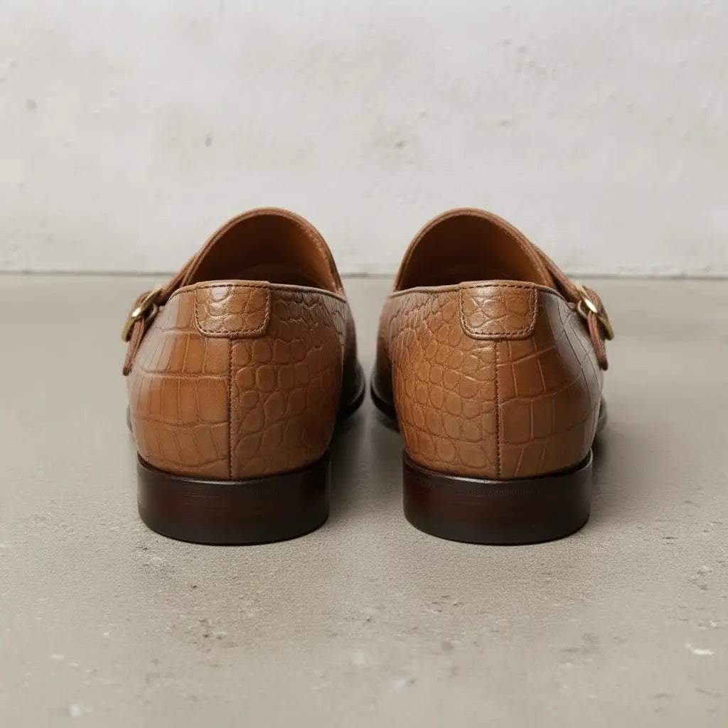 Men's Tan Crocodile-Embossed Leather Double Monk Shoes — Bowman