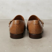 Men's Tan Crocodile-Embossed Leather Double Monk Shoes — Bowman