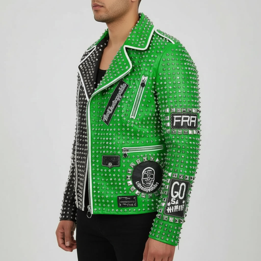 Men's Studded Spiked Punk Rock Moto Leather Jacket