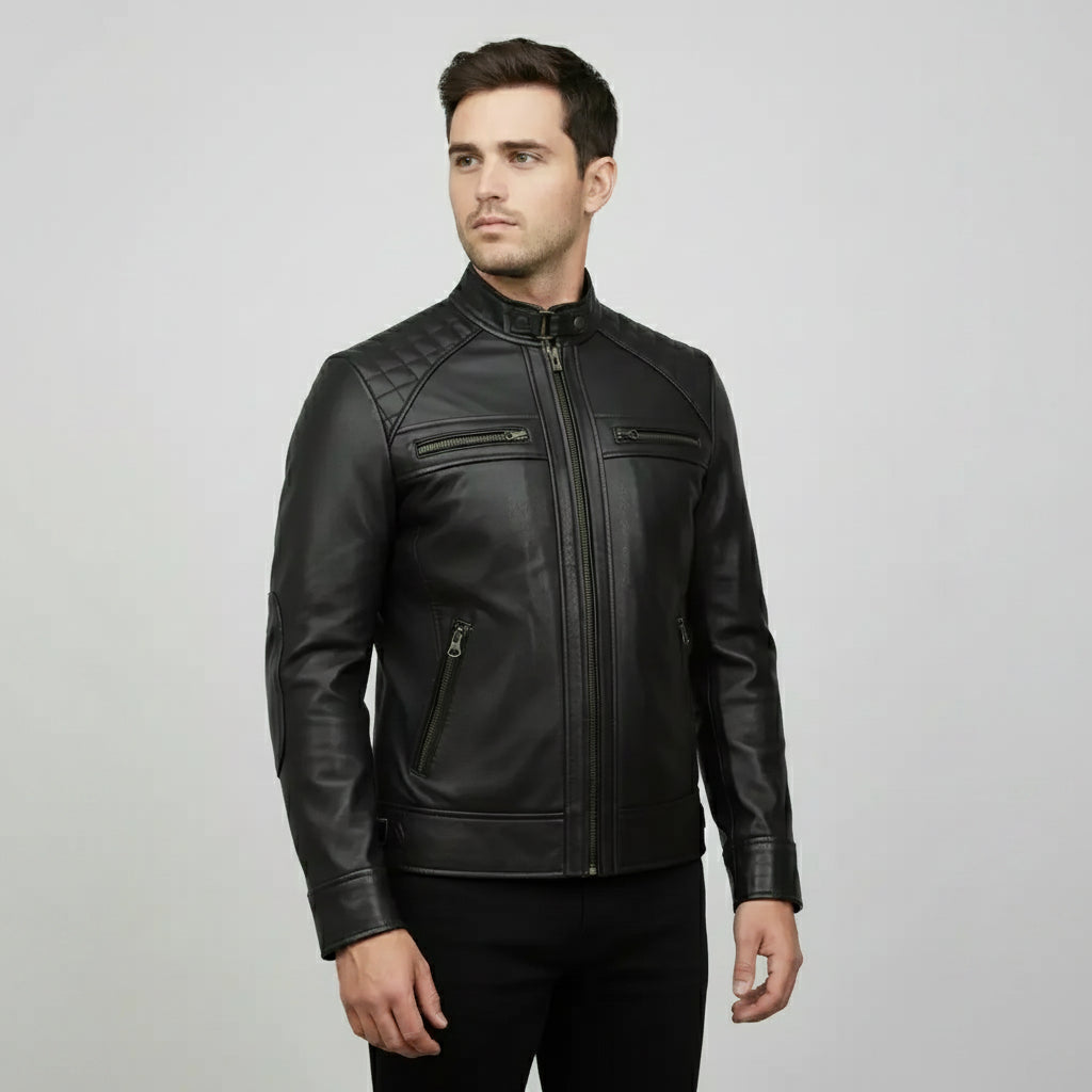Handmade Men Black Biker Leather Jacket, Men's Stylish Black Sheep Leather Biker Jacket