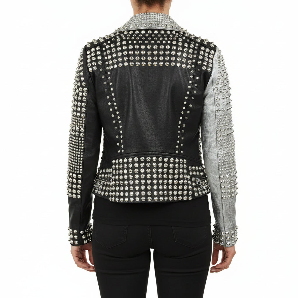 Women's Handmade Two Tone Punk Studded Leather Motorbike Jacket