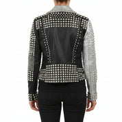 Women's Handmade Two Tone Punk Studded Leather Motorbike Jacket