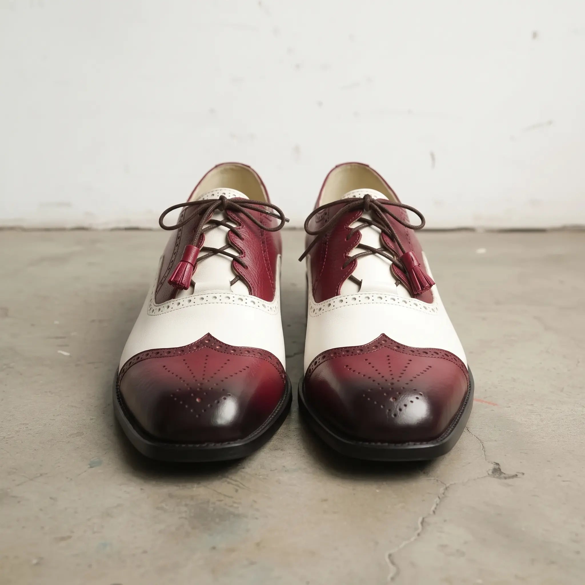 Men's Burgundy and White Wingtip Leather Spectator Oxfords — Wedgwood