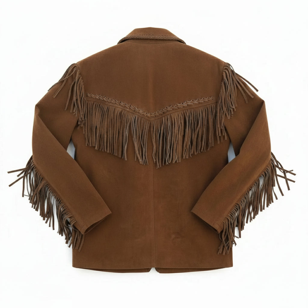 Handmade Men’s Tan Suede Western Fringe Jacket, Classic Cowboy Style