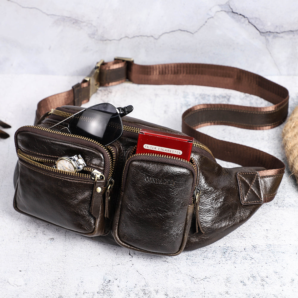 Men's Stylish Leather Fanny Pack, Multi-Zippered Chest Bag for