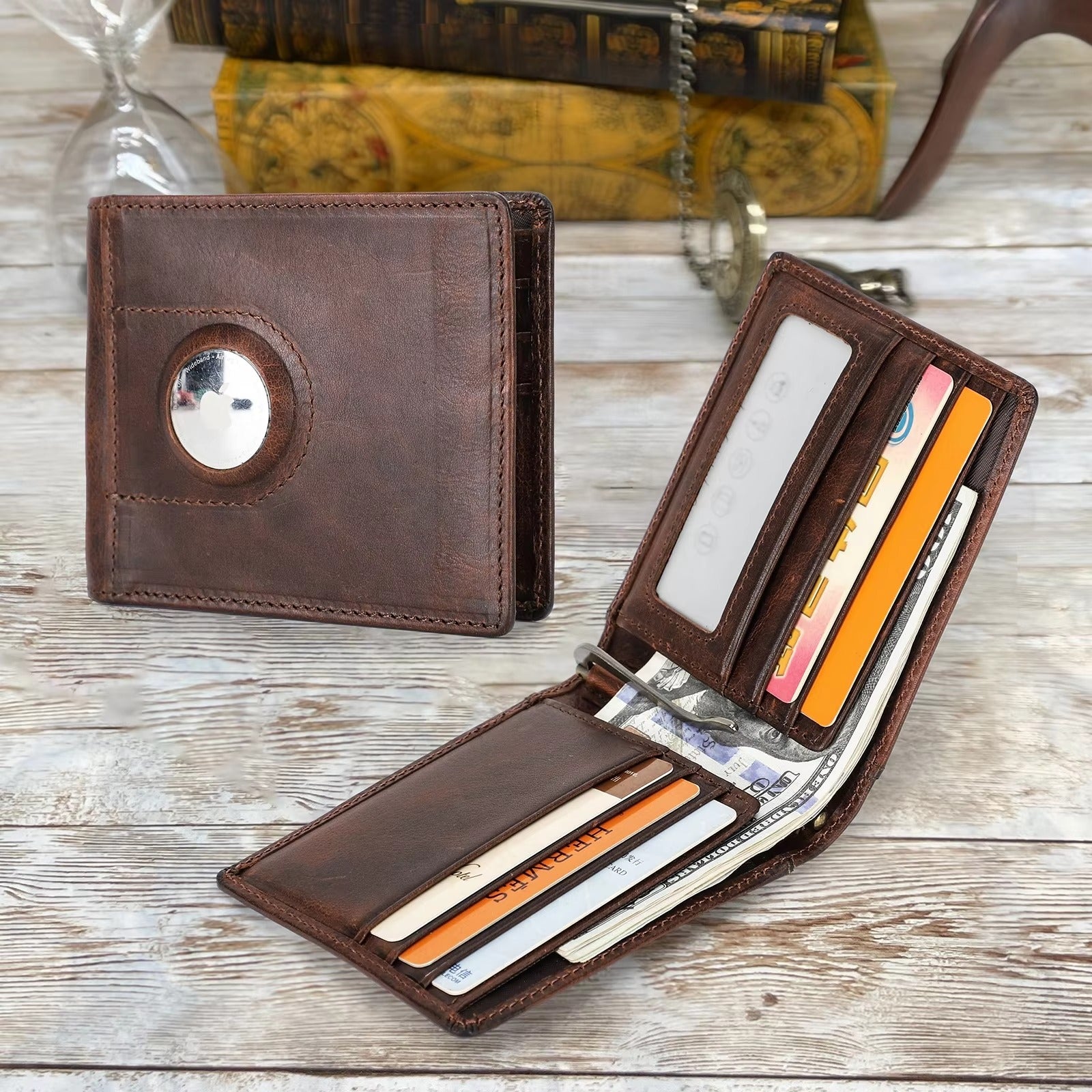 Slim Bifold Wallet for Men, Handmade RFID Leather Clip Wallet with AirTag Slot