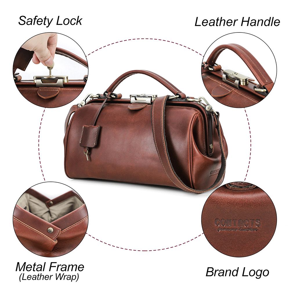Vintage Leather Doctor Bag, Classic Anti-Theft Handbag
