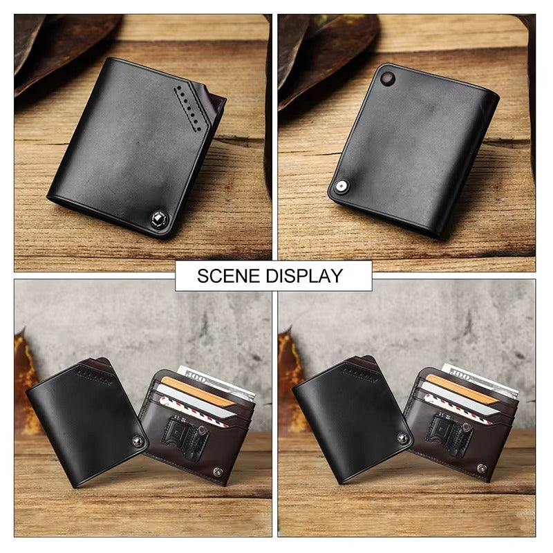 360° Rotating Leather Wallet – Slim Card Holder with Button Closure & SIM Tool Slot