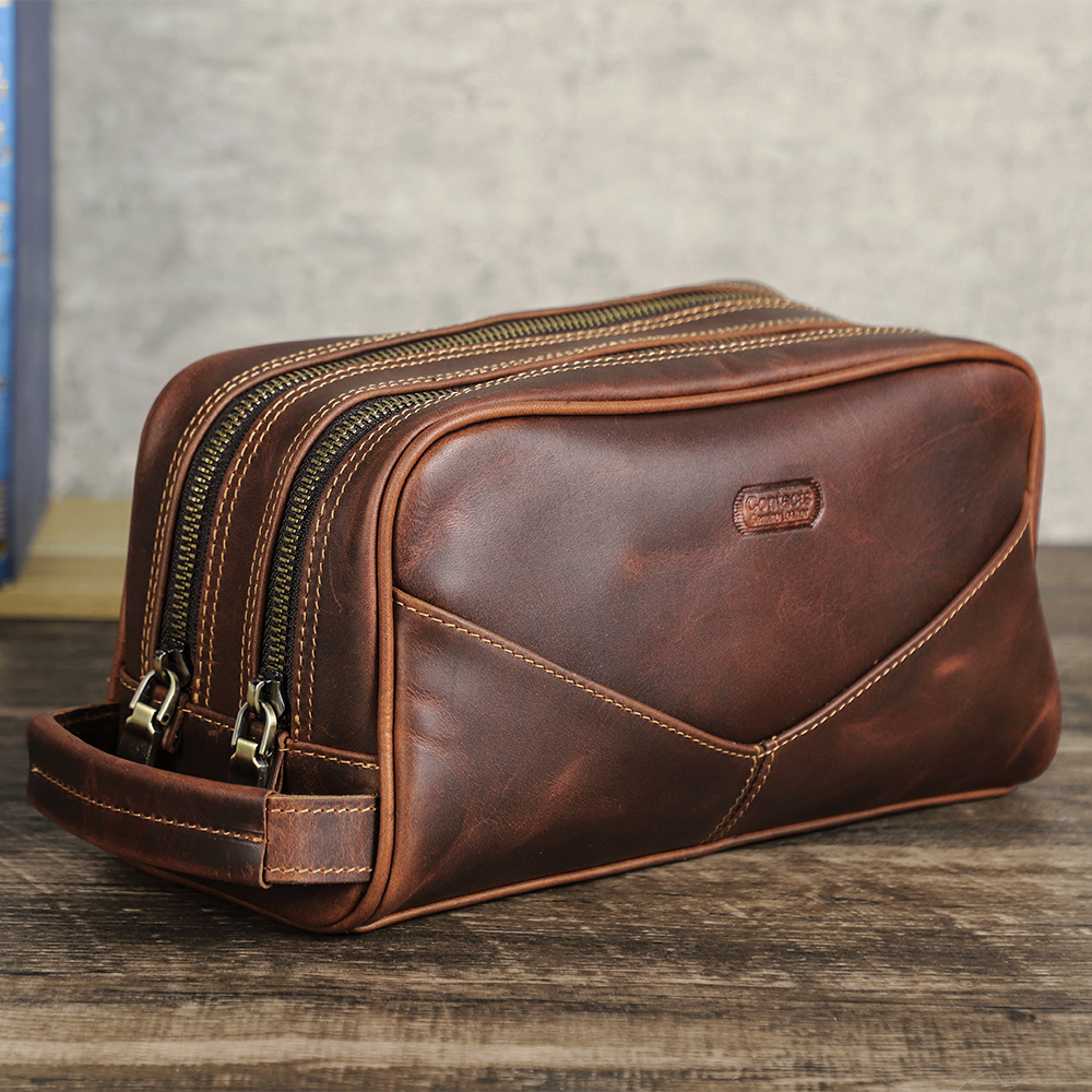 Men's Genuine Leather Toiletry Bag with Double Zippers,  Hanging Dopp Kit