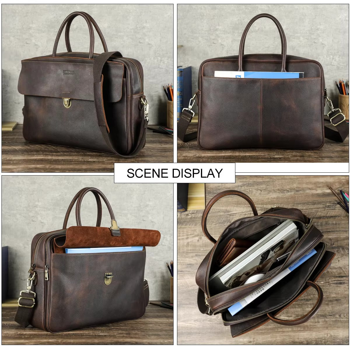 Men's Premium Leather Briefcase - 16" Laptop Business Bag