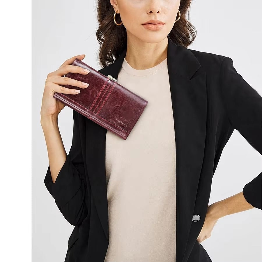 Long Leather Trifold Clutch Wallet