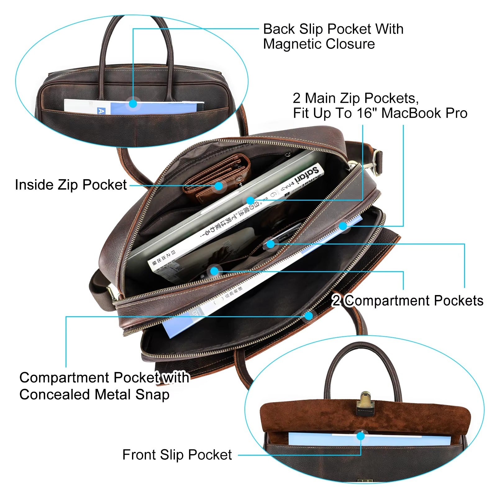 Men's Premium Leather Briefcase - 16" Laptop Business Bag