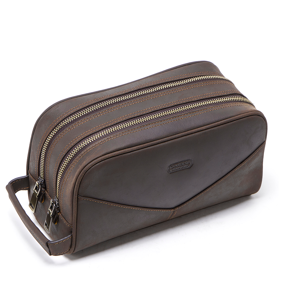 Men's Genuine Leather Toiletry Bag with Double Zippers,  Hanging Dopp Kit