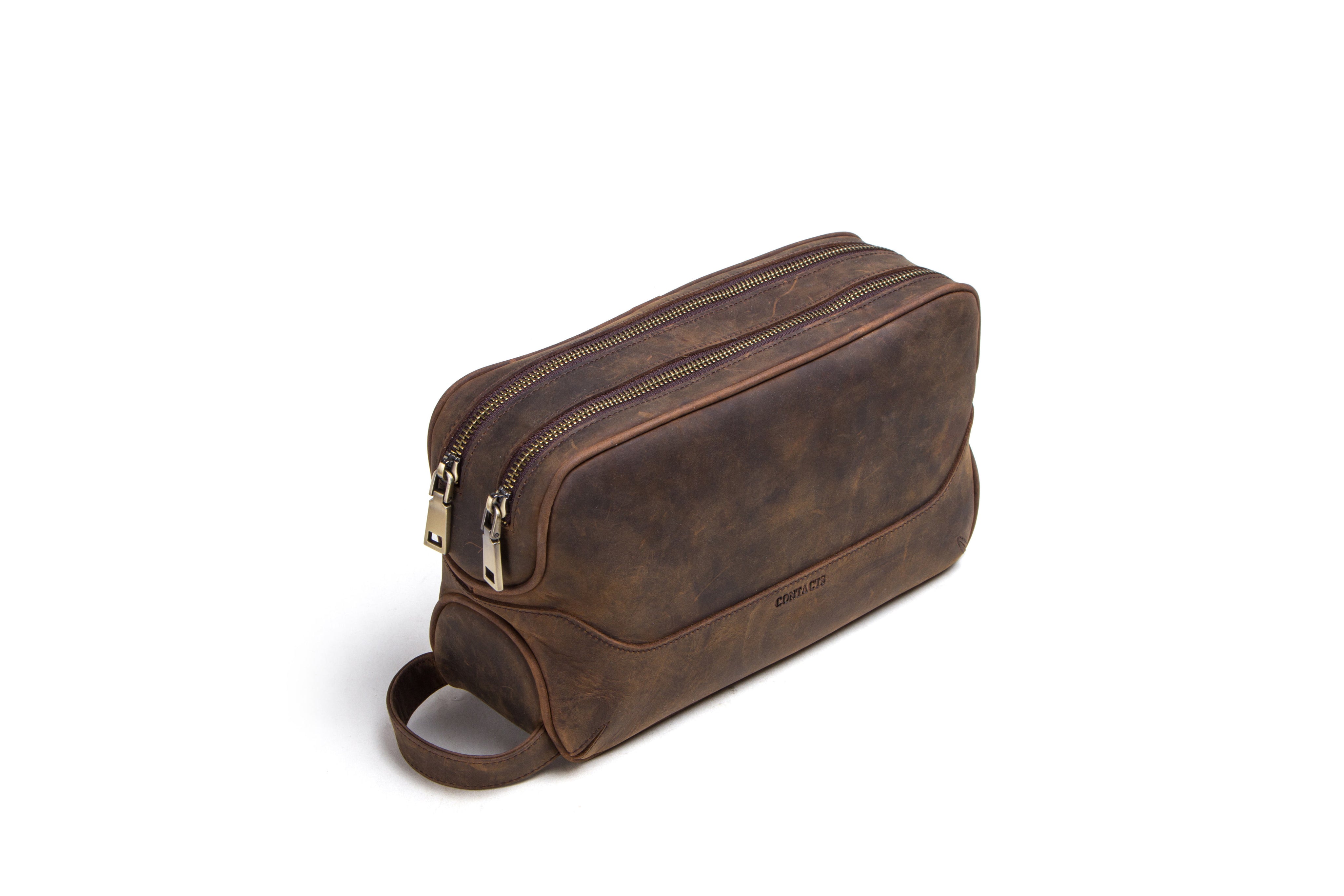 Men's Double Zipper Genuine Leather Travel Toiletry Organizer, Grooming Pouch for Travel