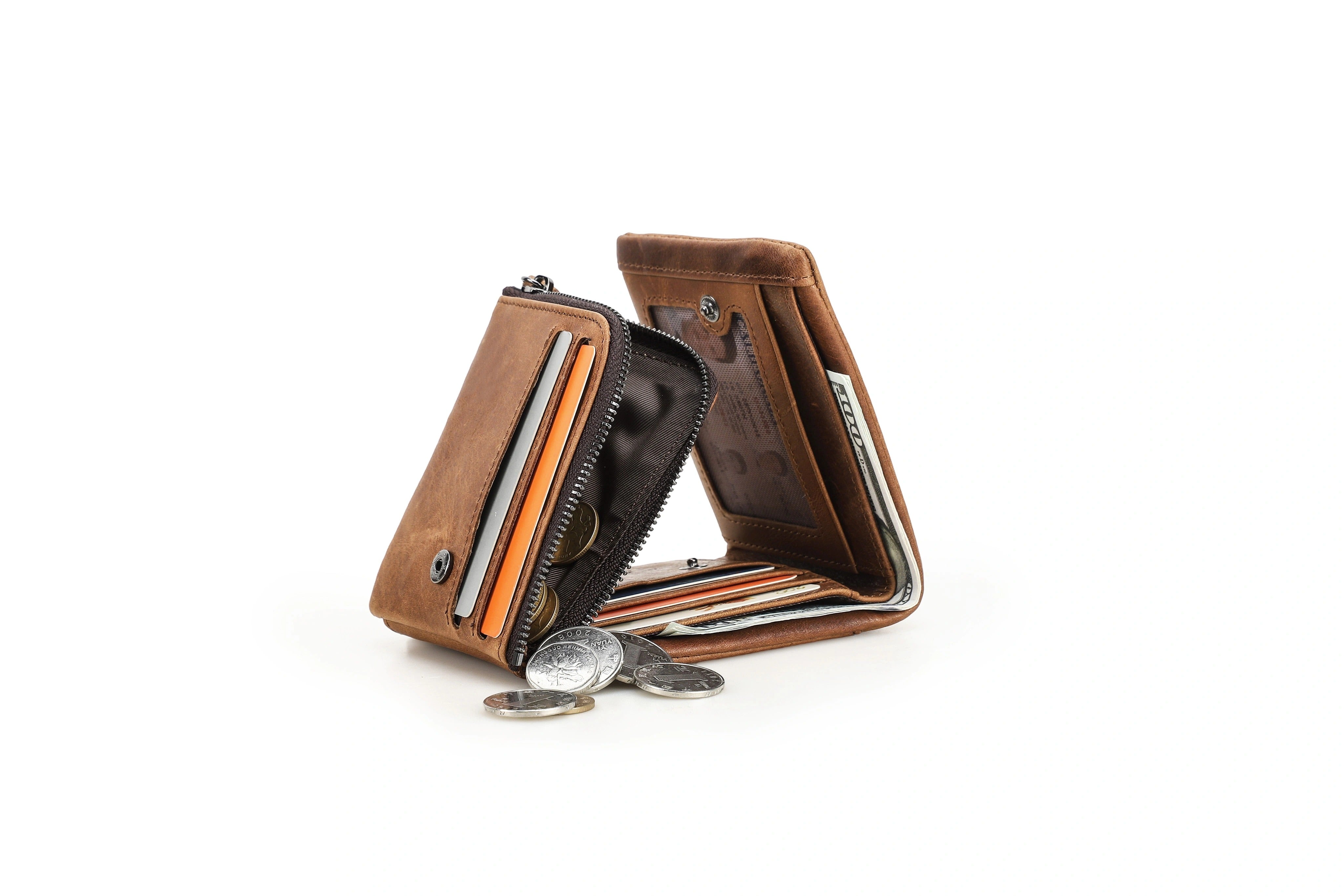 Genuine Leather Trifold Wallet for Men with Zipper Coin Pocket