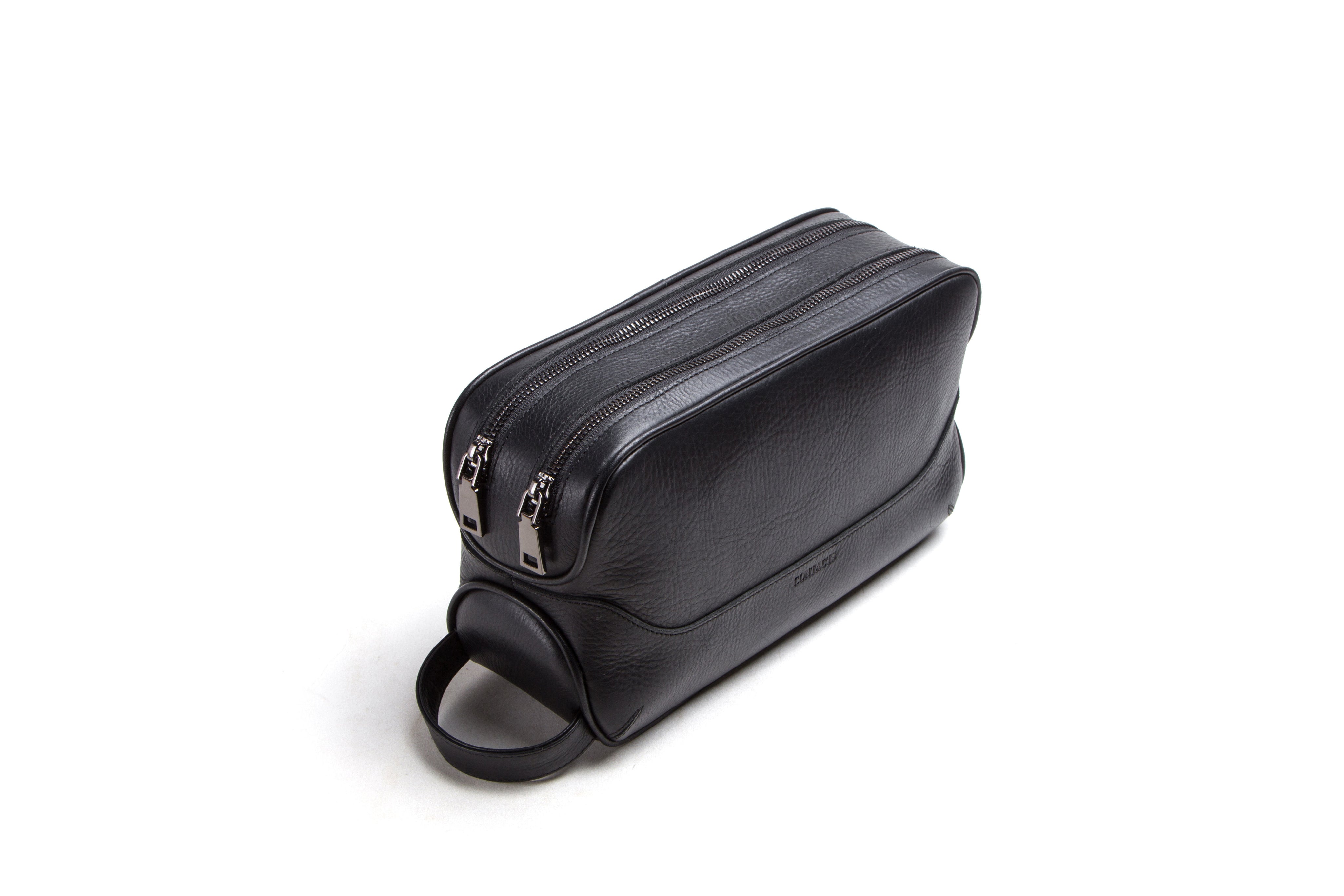 Men's Double Zipper Genuine Leather Travel Toiletry Organizer, Grooming Pouch for Travel