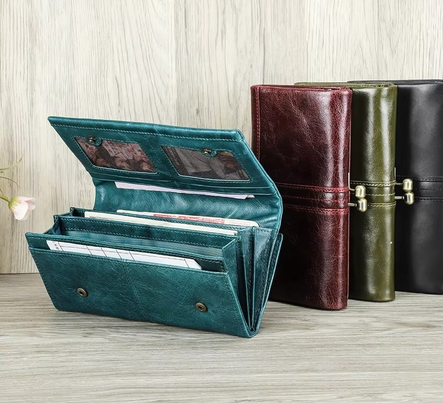 Long Leather Trifold Clutch Wallet