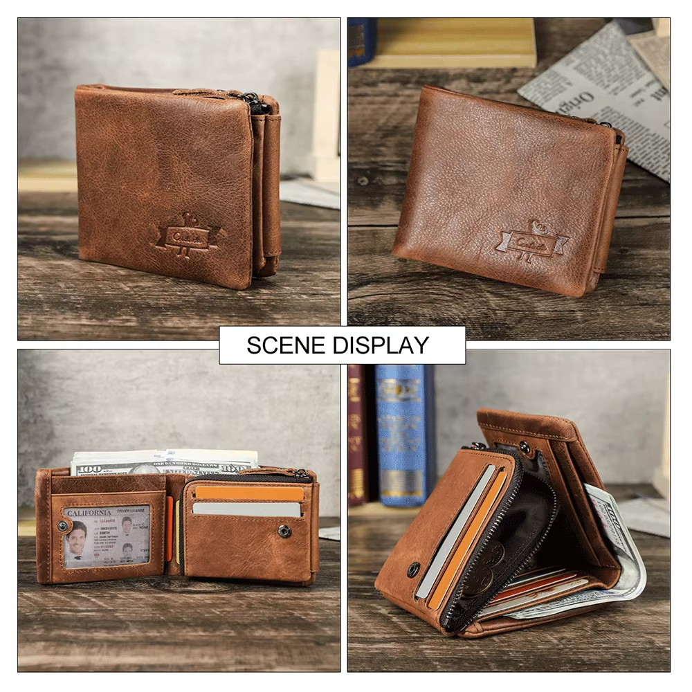 Genuine Leather Trifold Wallet for Men with Zipper Coin Pocket