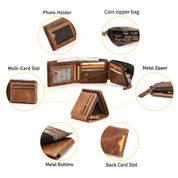 Genuine Leather Trifold Wallet for Men with Zipper Coin Pocket