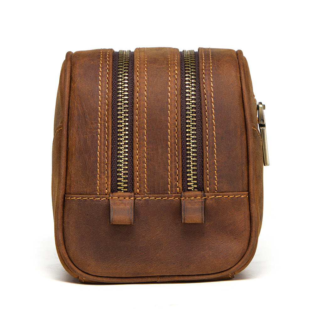 Double Zip Leather Toiletry Bag for Men, Handcrafted Premium Grooming Bag