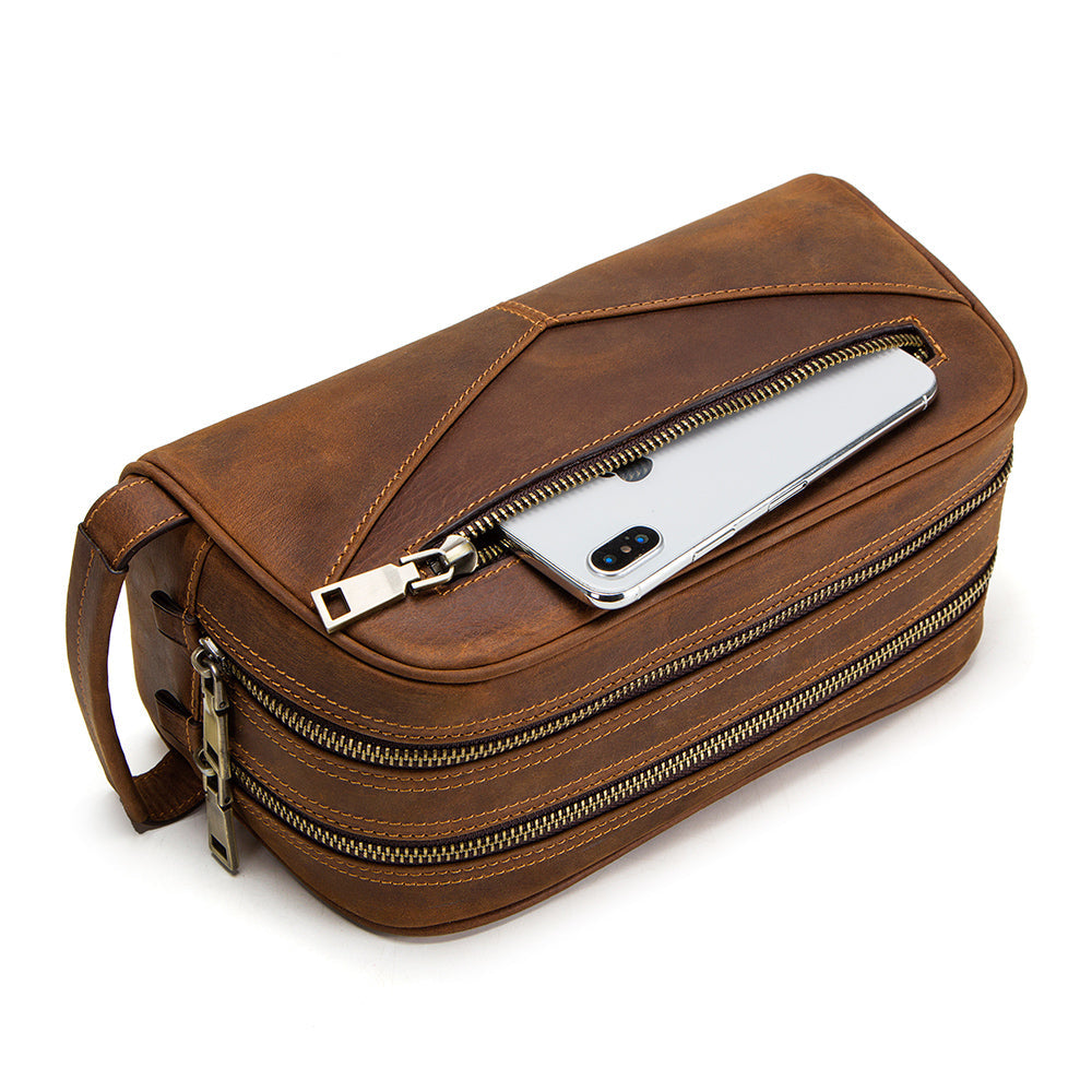 Double Zip Leather Toiletry Bag for Men, Handcrafted Premium Grooming Bag