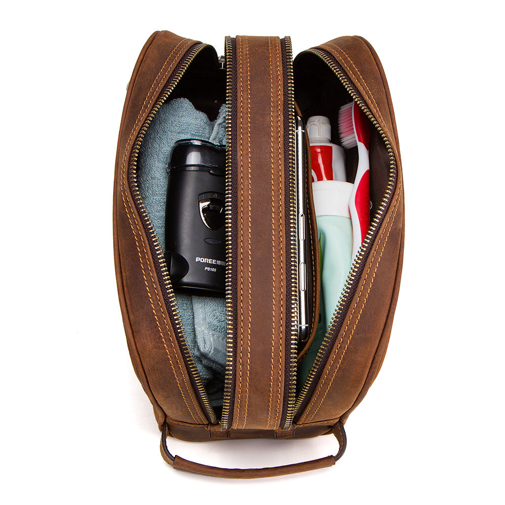 Double Zip Leather Toiletry Bag for Men, Handcrafted Premium Grooming Bag