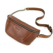Women's Edgy Genuine Leather Chain Sling Fanny Pack,  Fashionable Sling Bag