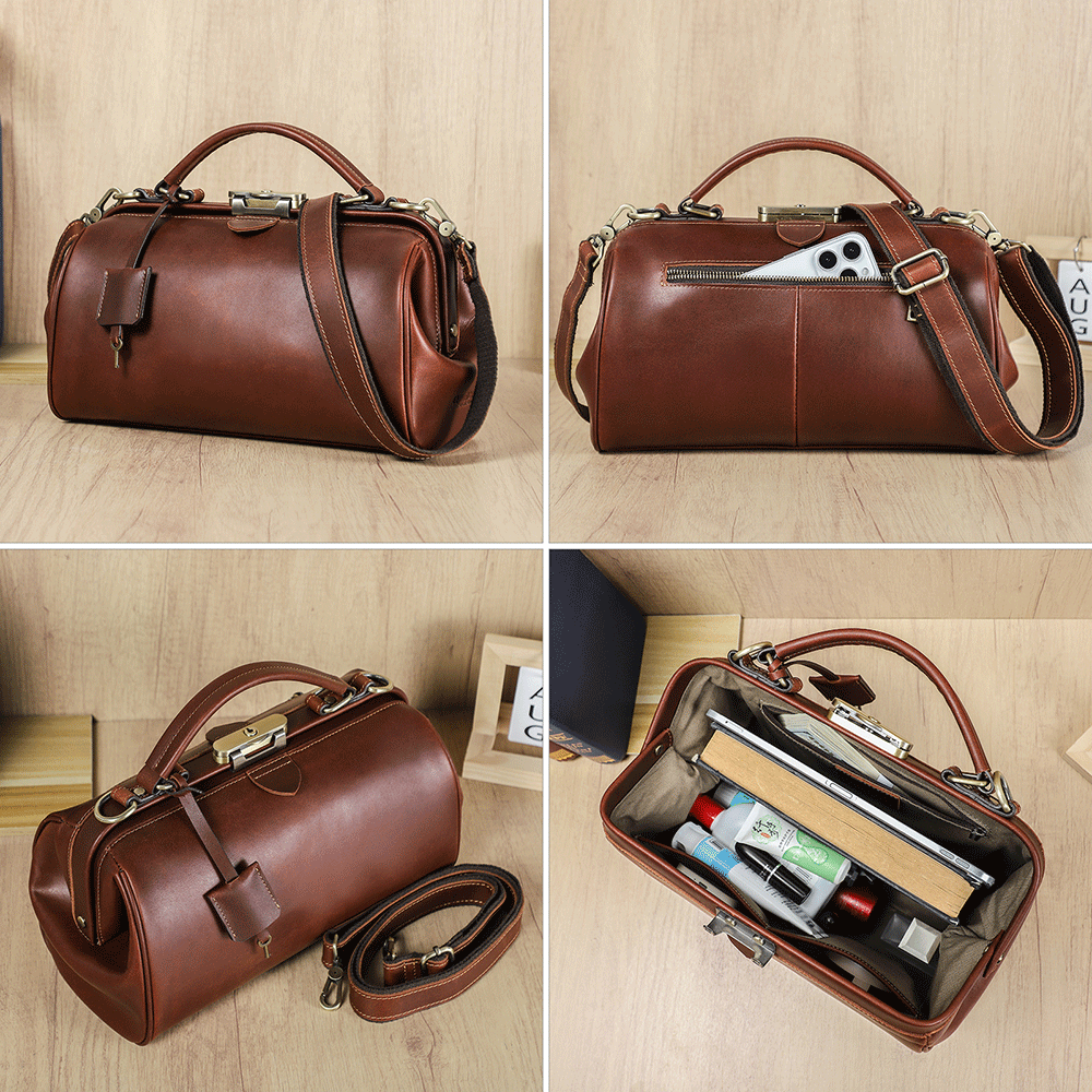 Women's Vintage Brown Lockable Zipper Leather Doctor Bag | Classic Women's Vintage Brown Lockable Zipper Leather Doctor Bag | Classic