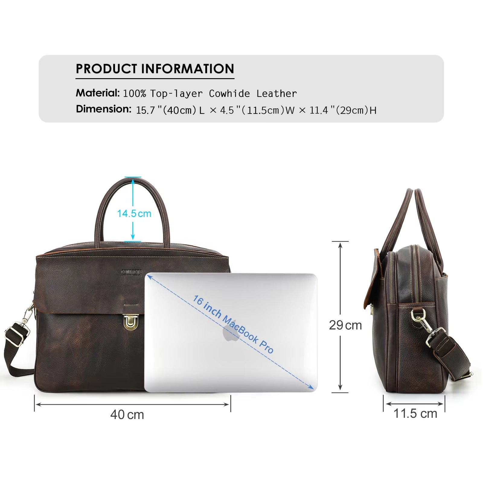 Men's Premium Leather Briefcase - 16" Laptop Business Bag