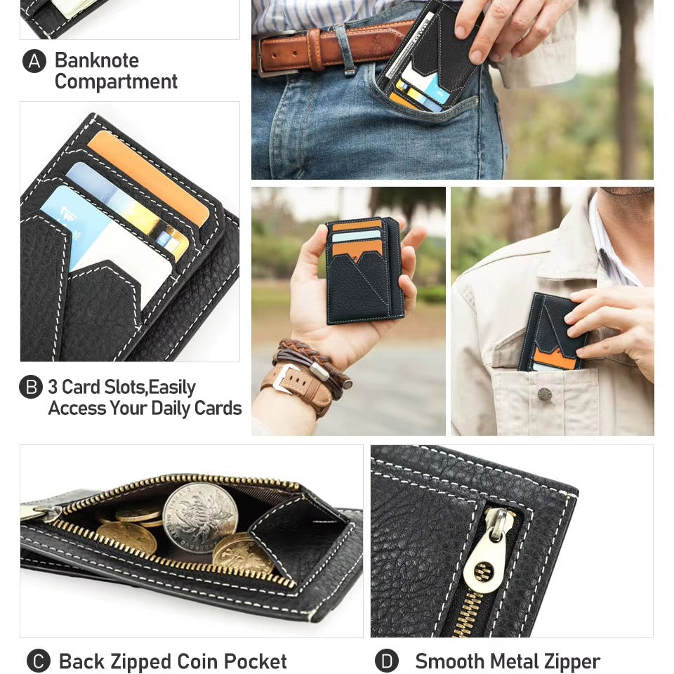 Men's Slim Leather RFID Zipper Coin Purse Wallet
