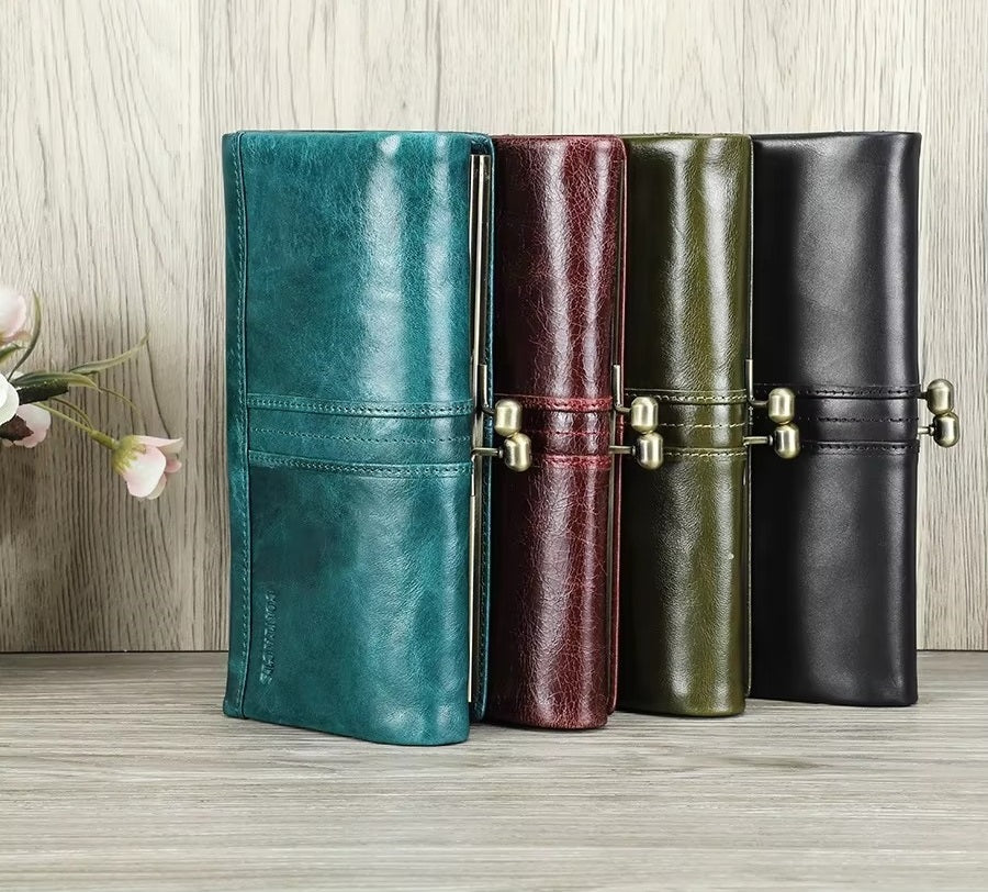Long Leather Trifold Clutch Wallet