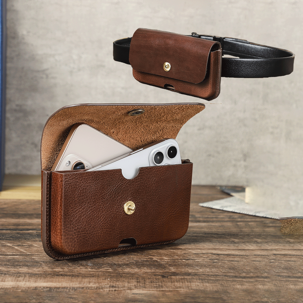 Genuine Leather Phone Pouch Bag, Dual Pocket Cell Phone Holder for 6.9 ...