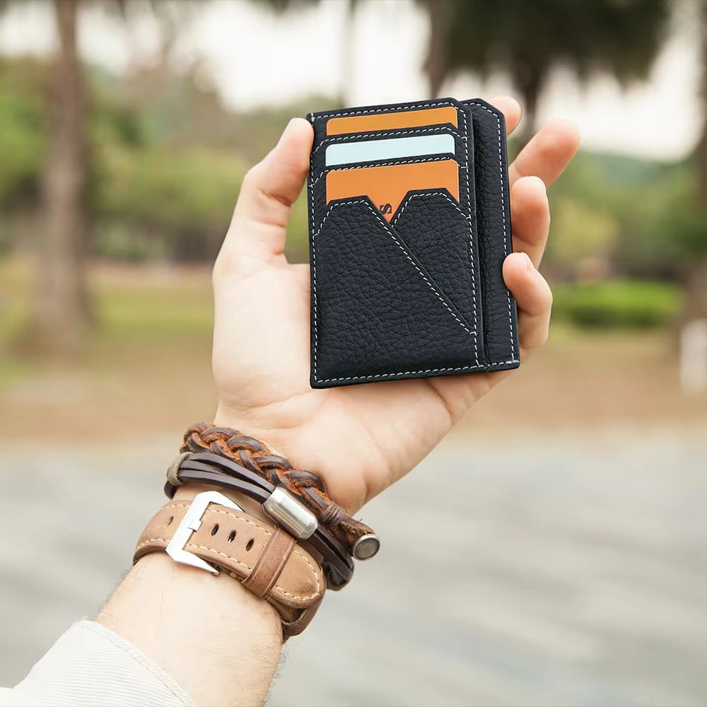 leather card sleeve wallet Holder | Card sewn with durable thread Perry Ellis Men's Leather Magnetic