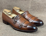Men's Brown Leather Monk Strap Fringe Shoes