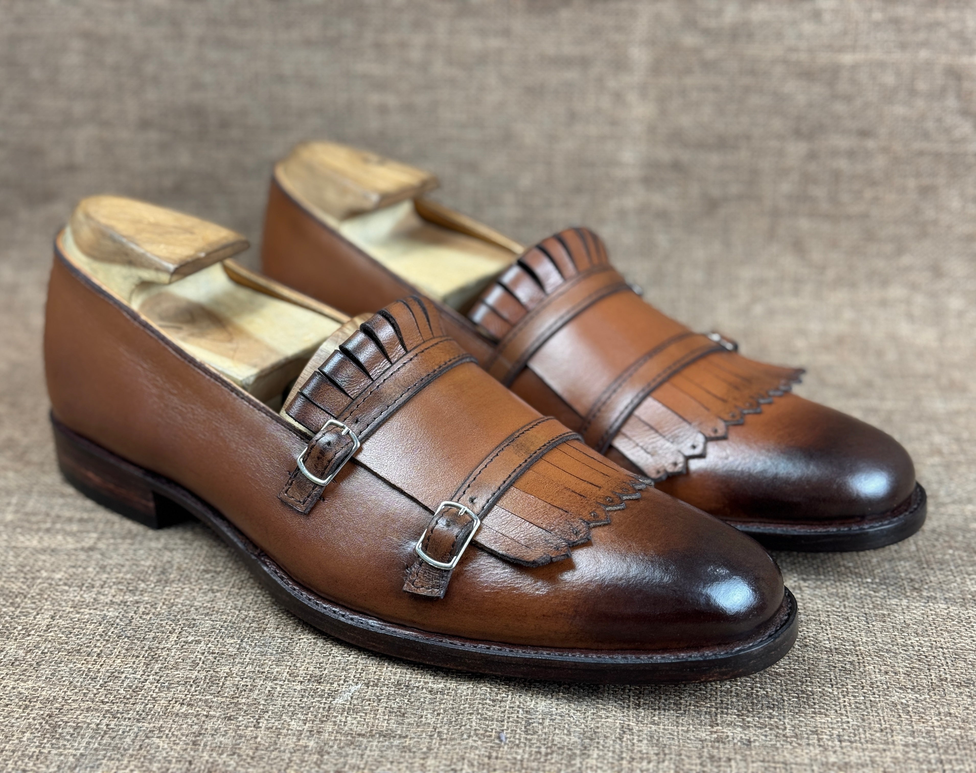 Men's Brown Leather Monk Strap Fringe Shoes