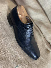 Handcrafted Men's Black Ostrich Leather Oxford Shoes