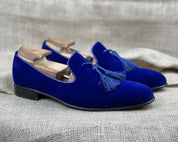 Handmade Mens Royal Blue Tassels Loafer Velvet Shoes, Men Blue Velvet Shoes