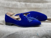 Handmade Mens Royal Blue Tassels Loafer Velvet Shoes, Men Blue Velvet Shoes